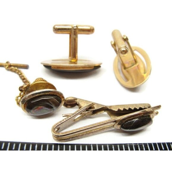 Vintage Cufflinks Round Gold Plated Abalone With Tie Tack And Tie Clip - Picture 6 of 14